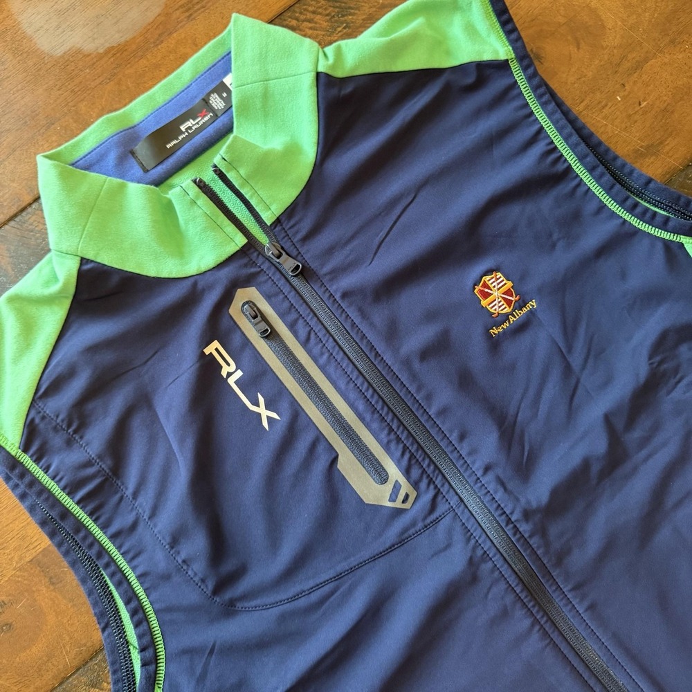 RLX Ralph Lauren Vest Mens Medium Blue Green Softshell Golf Full Zip Windbreaker